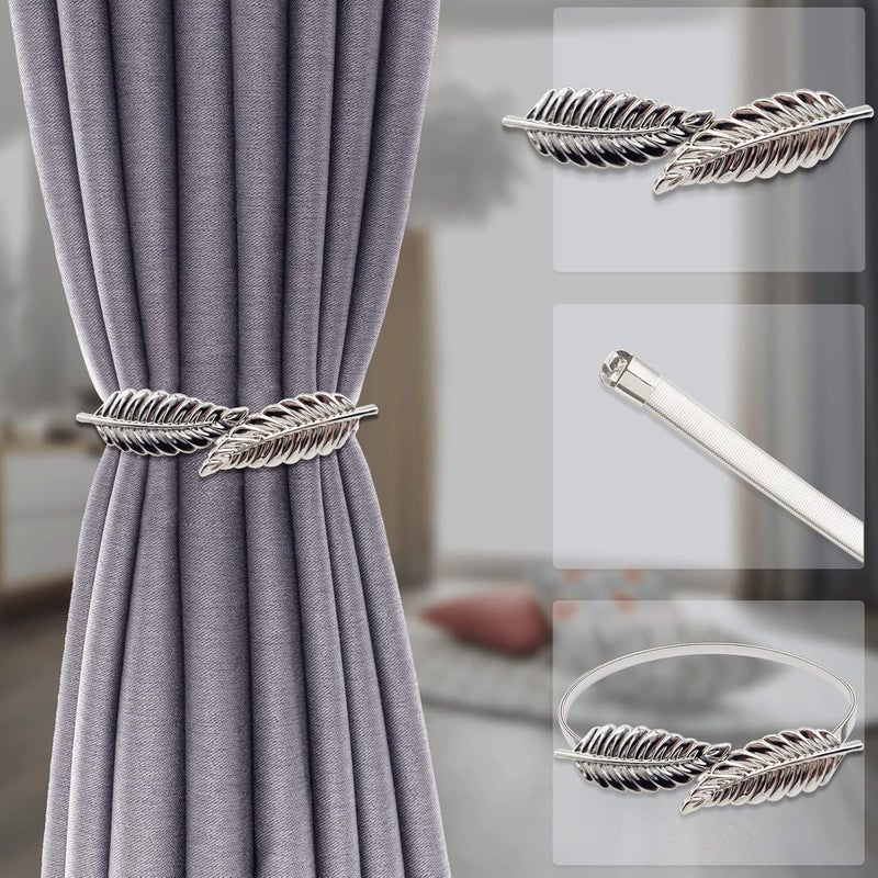 LLPMutu 4Pack Curtain Tiebacks Aluminum Alloy Spring Design Curtain Holdback Leaf Carving Design Curtain Ties for Drapes Curtain Ties Backs Curtain Modern Style Curtain Holdback Decor (Silver Leaf 2) - Image 2